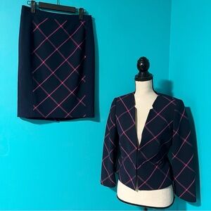 The Limited S Navy Blue Pink Plaid Peplum Blazer Skirt Suit Set Two Piece